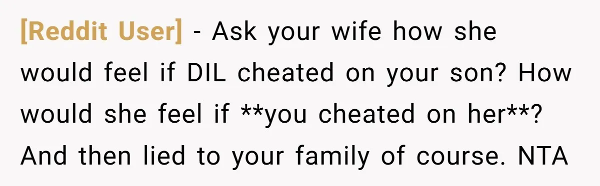 [Reddit User] − Ask your wife how she would feel if DIL cheated on your son? How would she feel if **you cheated on her**? And then lied to your...
