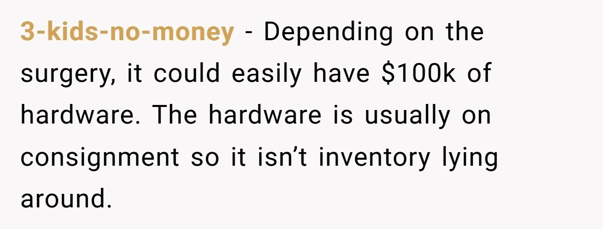 3-kids-no-money − Depending on the surgery, it could easily have $100k of hardware. The hardware is usually on consignment so it isn’t inventory lying around.