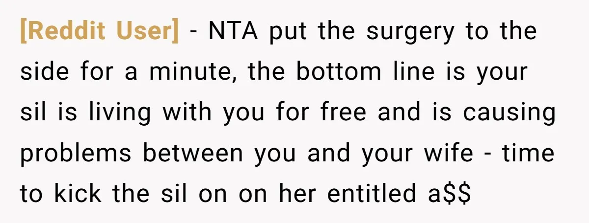 [Reddit User] − NTA put the surgery to the side for a minute, the bottom line is your sil is living with you for free and is causing problems between...