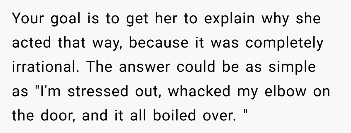 Your goal is to get her to explain why she acted that way, because it was completely irrational. The answer could be as simple as "I'm stressed out, whacked my...