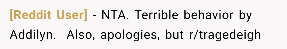 [Reddit User] − NTA. Terrible behavior by Addilyn. ​ Also, apologies, but r/tragedeigh
