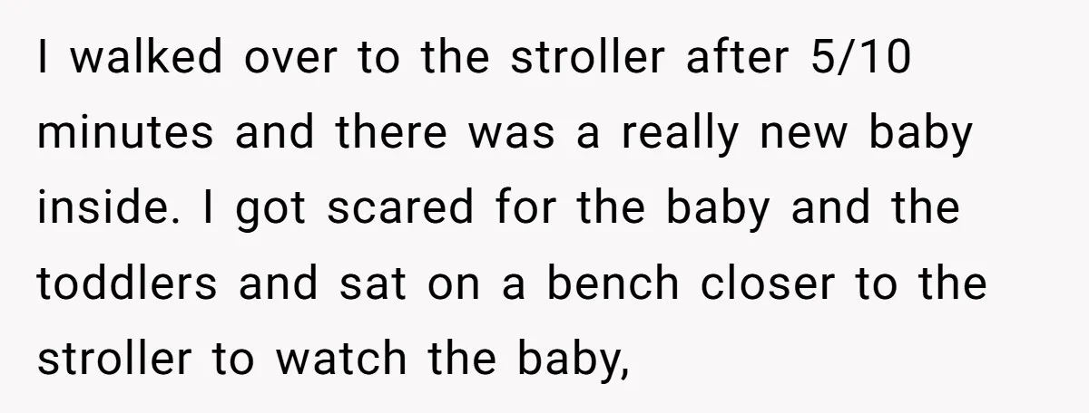 I walked over to the stroller after 5/10 minutes and there was a really new baby inside. I got scared for the baby and the toddlers and sat on a...