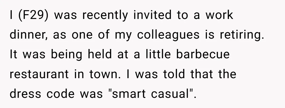 I (F29) was recently invited to a work dinner, as one of my colleagues is retiring. It was being held at a little barbecue restaurant in town. I was told...