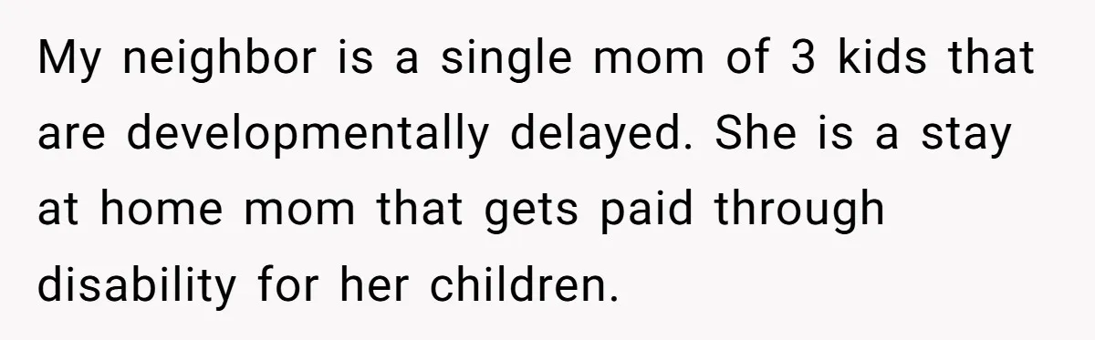 My neighbor is a single mom of 3 kids that are developmentally delayed. She is a stay at home mom that gets paid through disability for her children.