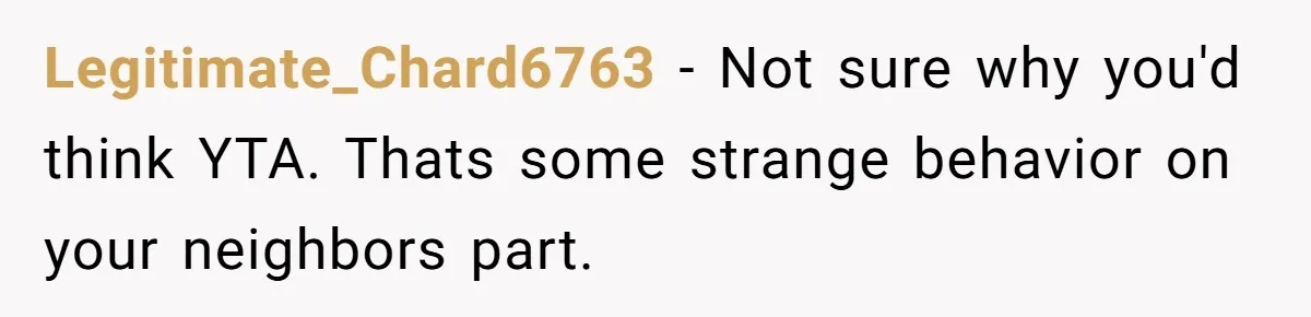 Legitimate_Chard6763 − Not sure why you'd think YTA. Thats some strange behavior on your neighbors part.