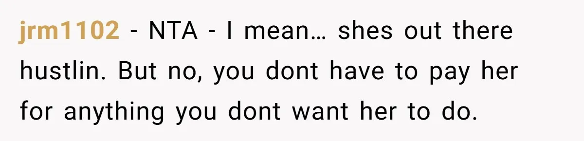 jrm1102 − NTA - I mean… shes out there hustlin. But no, you dont have to pay her for anything you dont want her to do.