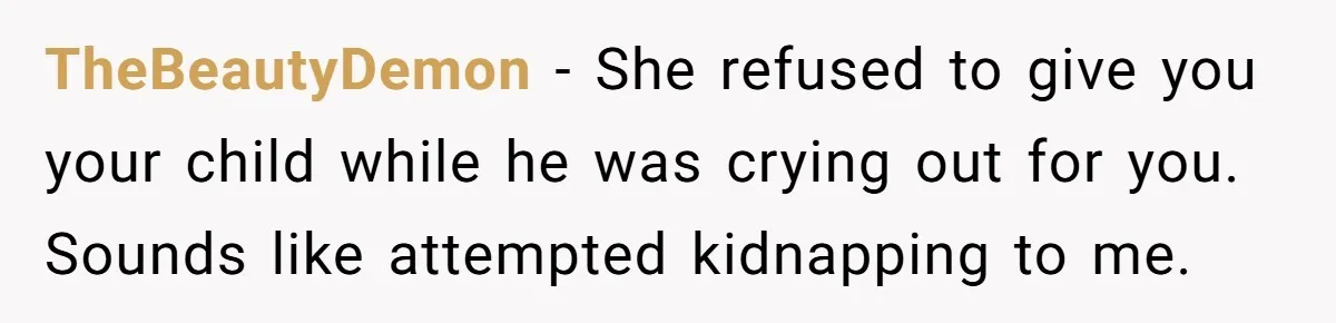 TheBeautyDemon − She refused to give you your child while he was crying out for you. Sounds like attempted kidnapping to me.
