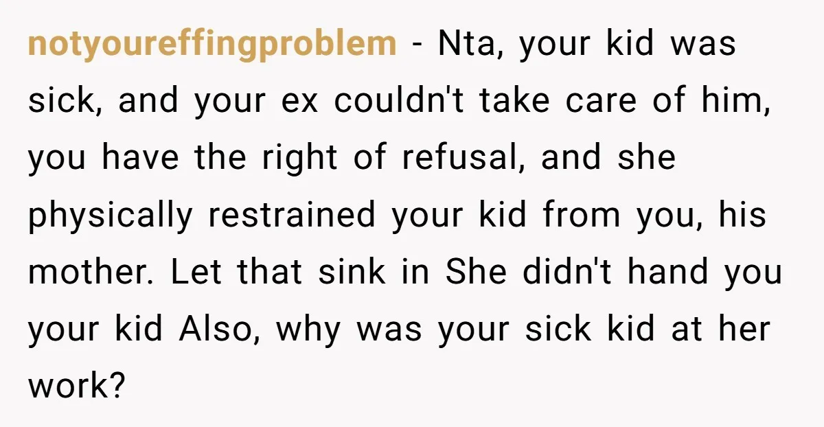 notyoureffingproblem − Nta, your kid was sick, and your ex couldn't take care of him, you have the right of refusal, and she physically restrained your kid from you, his...