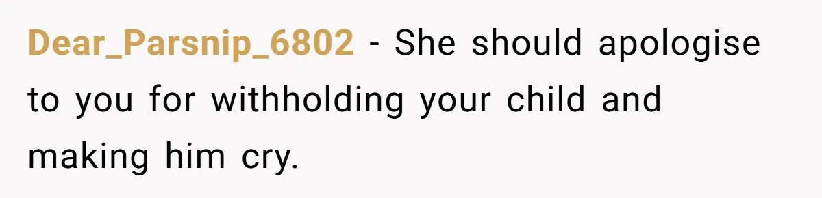 Dear_Parsnip_6802 − She should apologise to you for withholding your child and making him cry.