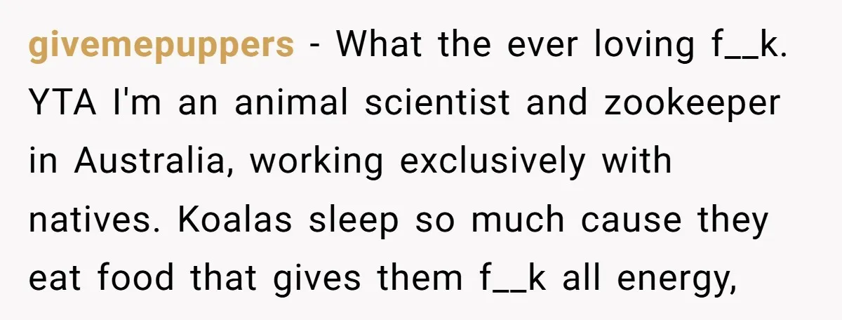 givemepuppers − What the ever loving f__k. YTA I'm an animal scientist and zookeeper in Australia, working exclusively with natives. Koalas sleep so much cause they eat food that gives...