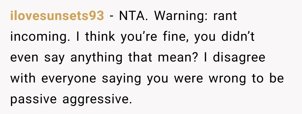 ilovesunsets93 − NTA. Warning: rant incoming. I think you’re fine, you didn’t even say anything that mean? I disagree with everyone saying you were wrong to be passive aggressive.