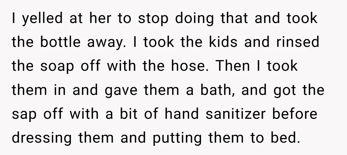 I yelled at her to stop doing that and took the bottle away. I took the kids and rinsed the soap off with the hose. Then I took them in...