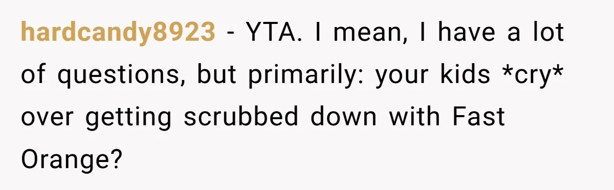 hardcandy8923 − YTA. I mean, I have a lot of questions, but primarily: your kids *cry* over getting scrubbed down with Fast Orange?