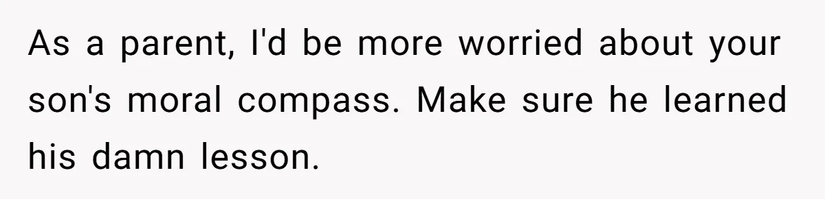 As a parent, I'd be more worried about your son's moral compass. Make sure he learned his damn lesson.
