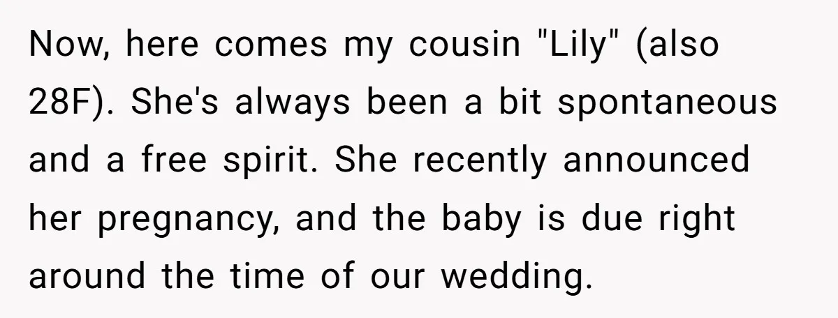 Now, here comes my cousin "Lily" (also 28F). She's always been a bit spontaneous and a free spirit. She recently announced her pregnancy, and the baby is due right around...