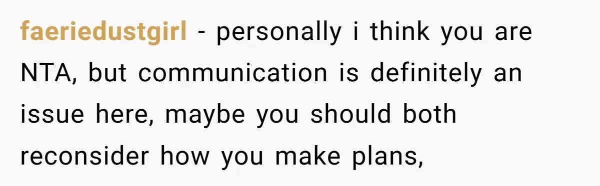 faeriedustgirl − personally i think you are NTA, but communication is definitely an issue here, maybe you should both reconsider how you make plans,