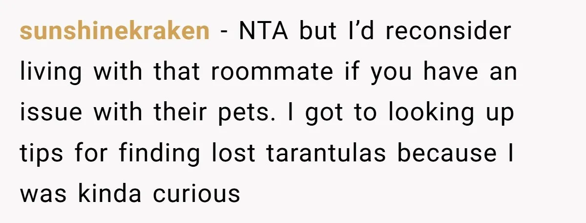 sunshinekraken − NTA but I’d reconsider living with that roommate if you have an issue with their pets. I got to looking up tips for finding lost tarantulas because I...