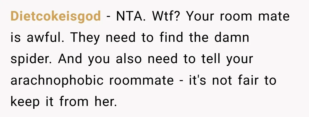 Dietcokeisgod − NTA. Wtf? Your room mate is awful. They need to find the damn spider. And you also need to tell your arachnophobic roommate - it's not fair to...