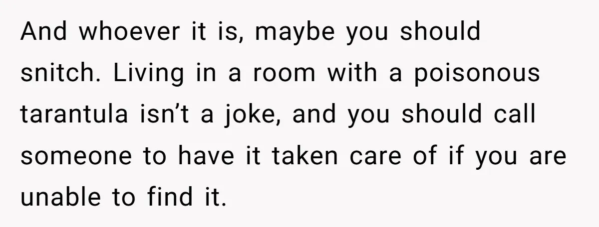 And whoever it is, maybe you should snitch. Living in a room with a poisonous tarantula isn’t a joke, and you should call someone to have it taken care of...