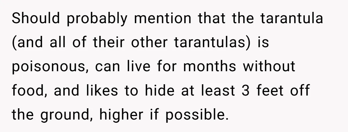 Should probably mention that the tarantula (and all of their other tarantulas) is poisonous, can live for months without food, and likes to hide at least 3 feet off the...
