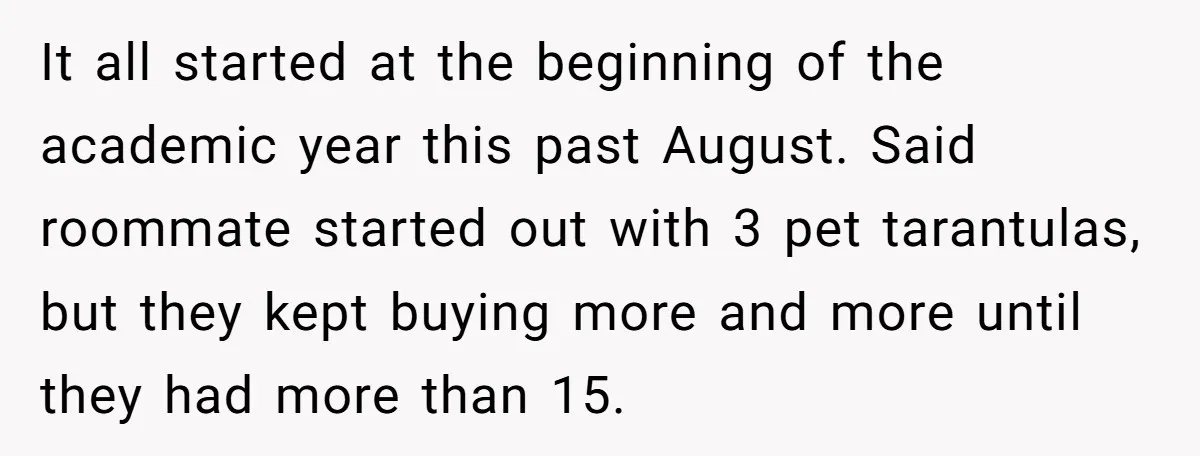 It all started at the beginning of the academic year this past August. Said roommate started out with 3 pet tarantulas, but they kept buying more and more until they...