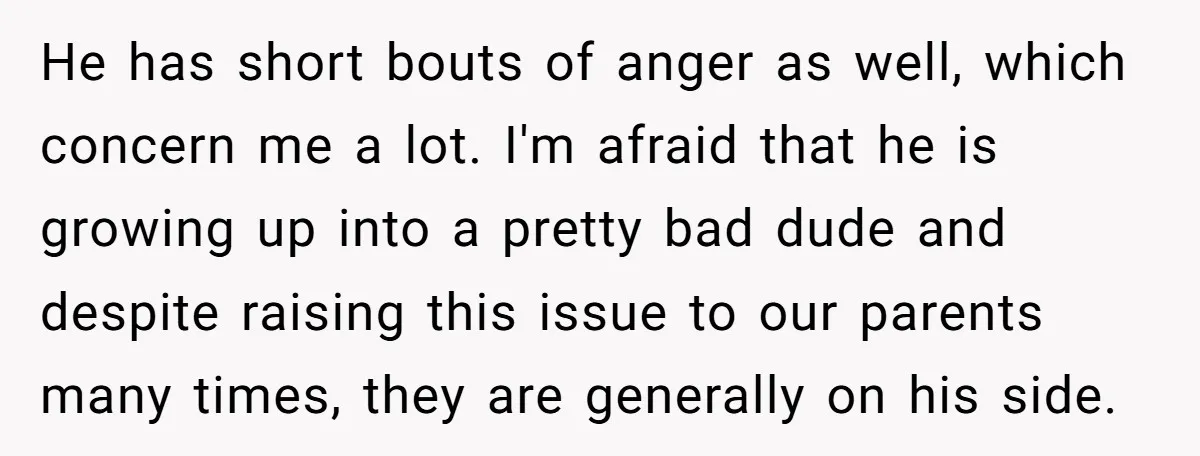 He has short bouts of anger as well, which concern me a lot. I'm afraid that he is growing up into a pretty bad dude and despite raising this issue...