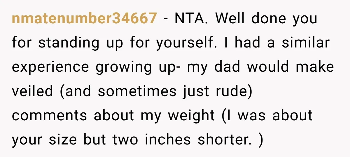 nmatenumber34667 − NTA. Well done you for standing up for yourself. I had a similar experience growing up- my dad would make veiled (and sometimes just rude) comments about my...