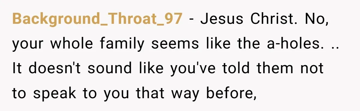 Background_Throat_97 − Jesus Christ. No, your whole family seems like the a-holes. .. It doesn't sound like you've told them not to speak to you that way before,