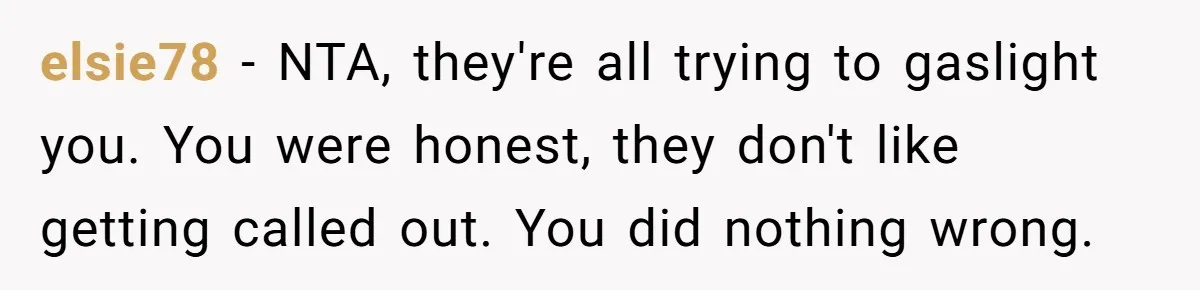 elsie78 − NTA, they're all trying to gaslight you. You were honest, they don't like getting called out. You did nothing wrong.