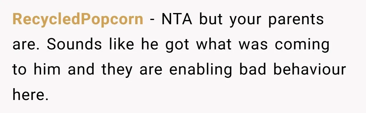 RecycledPopcorn − NTA but your parents are. Sounds like he got what was coming to him and they are enabling bad behaviour here.