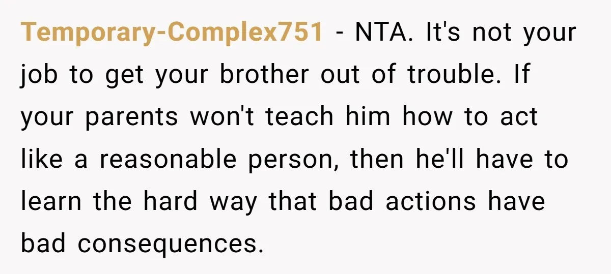 Temporary-Complex751 − NTA. It's not your job to get your brother out of trouble. If your parents won't teach him how to act like a reasonable person, then he'll have...