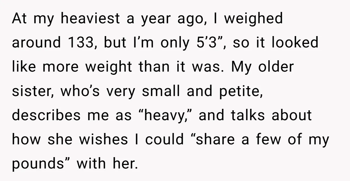 At my heaviest a year ago, I weighed around 133, but I’m only 5’3”, so it looked like more weight than it was. My older sister, who’s very small and...