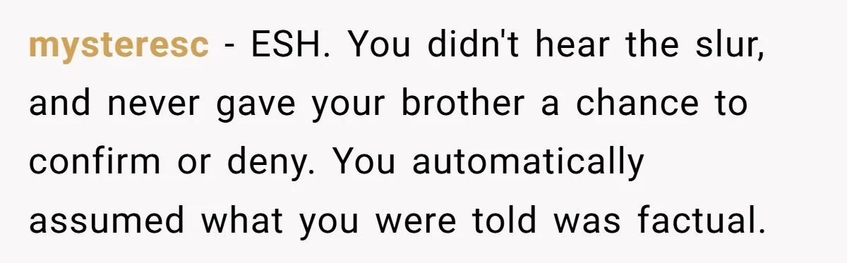 mysteresc − ESH. You didn't hear the slur, and never gave your brother a chance to confirm or deny. You automatically assumed what you were told was factual.