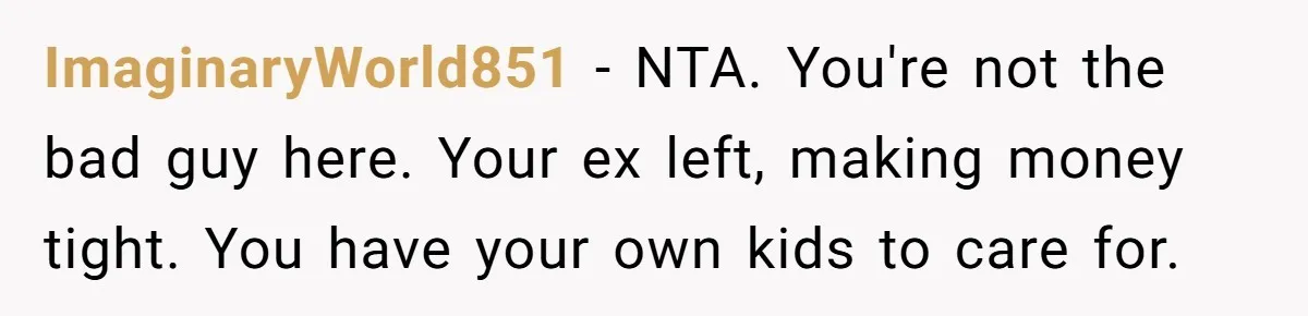 ImaginaryWorld851 − NTA. You're not the bad guy here. Your ex left, making money tight. You have your own kids to care for.