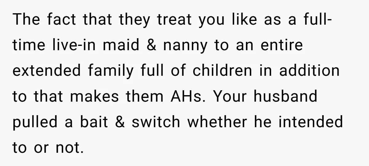 The fact that they treat you like as a full-time live-in maid & nanny to an entire extended family full of children in addition to that makes them AHs. Your...