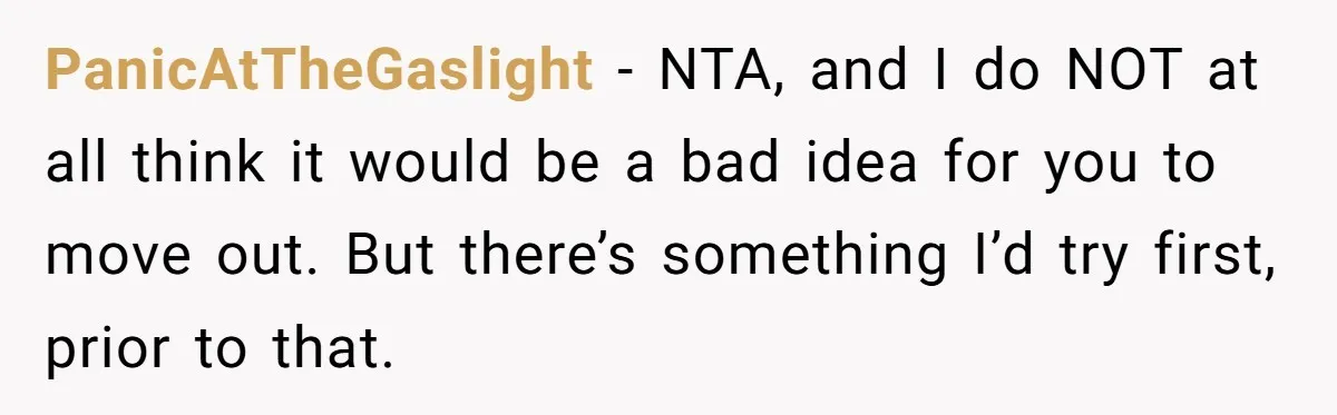 PanicAtTheGaslight − NTA, and I do NOT at all think it would be a bad idea for you to move out. But there’s something I’d try first, prior to that.