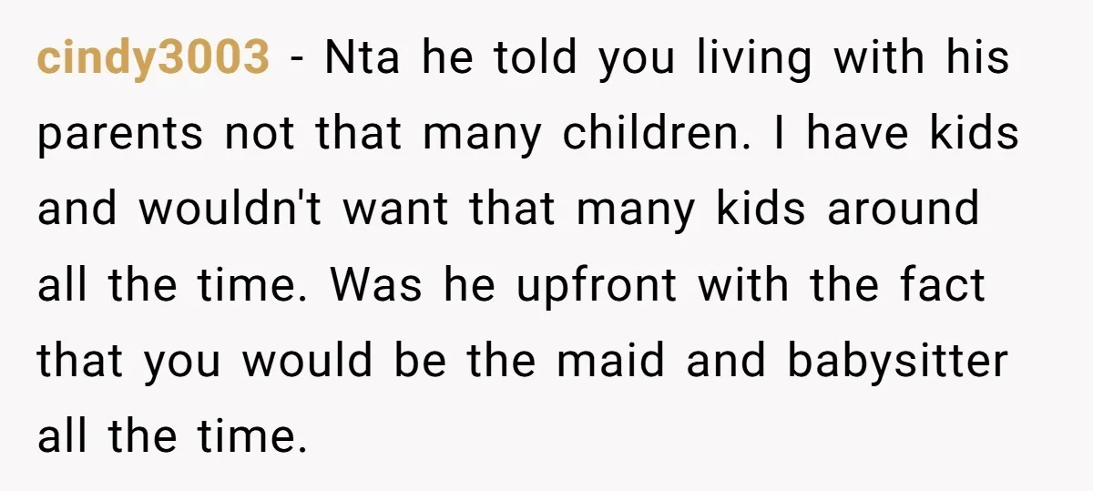 cindy3003 − Nta he told you living with his parents not that many children. I have kids and wouldn't want that many kids around all the time. Was he upfront...
