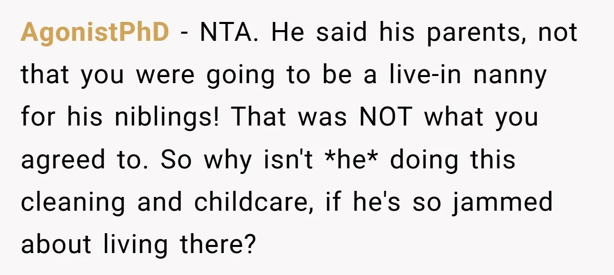 AgonistPhD − NTA. He said his parents, not that you were going to be a live-in nanny for his niblings! That was NOT what you agreed to. So why isn't...