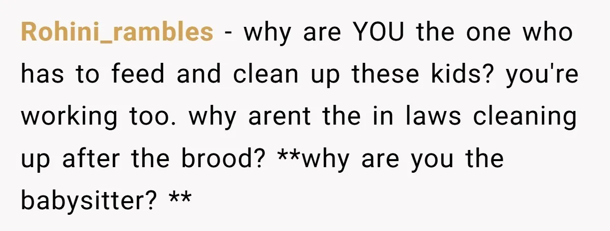 Rohini_rambles − why are YOU the one who has to feed and clean up these kids? you're working too. why arent the in laws cleaning up after the brood? **why...