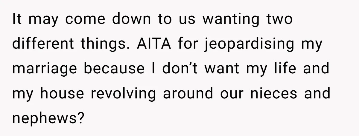 It may come down to us wanting two different things. AITA for jeopardising my marriage because I don’t want my life and my house revolving around our nieces and nephews?