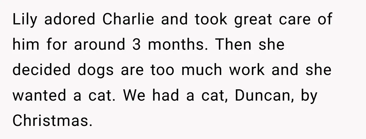 Lily adored Charlie and took great care of him for around 3 months. Then she decided dogs are too much work and she wanted a cat. We had a cat,...