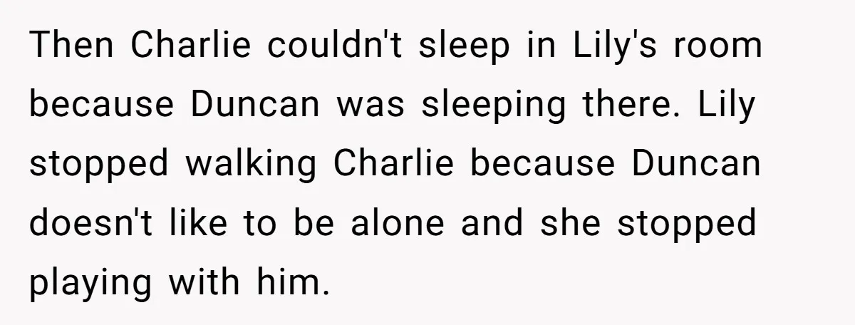 Then Charlie couldn't sleep in Lily's room because Duncan was sleeping there. Lily stopped walking Charlie because Duncan doesn't like to be alone and she stopped playing with him.