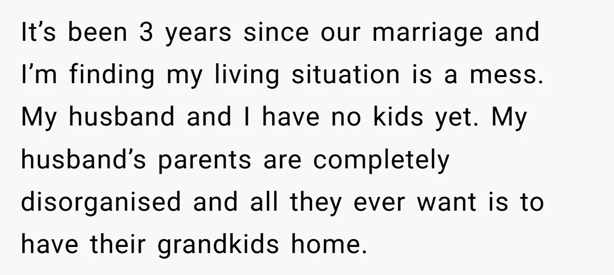 It’s been 3 years since our marriage and I’m finding my living situation is a mess. My husband and I have no kids yet. My husband’s parents are completely disorganised...