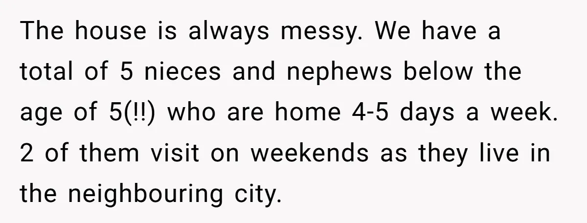 The house is always messy. We have a total of 5 nieces and nephews below the age of 5(!!) who are home 4-5 days a week. 2 of them visit...