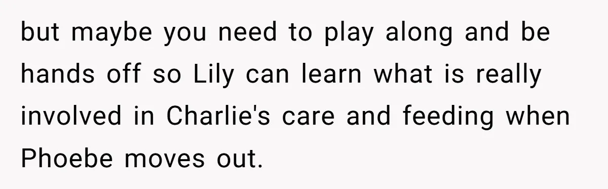 but maybe you need to play along and be hands off so Lily can learn what is really involved in Charlie's care and feeding when Phoebe moves out.