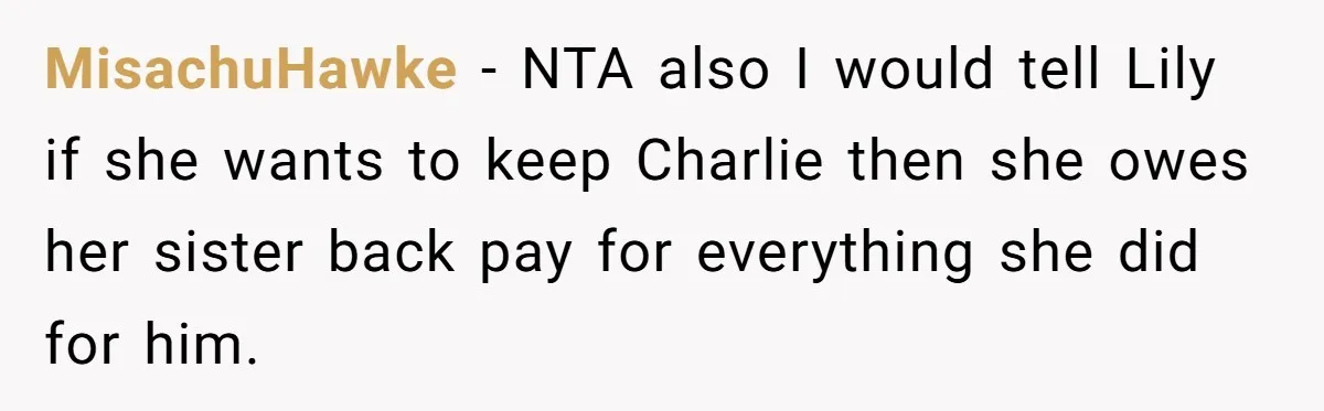 MisachuHawke − NTA also I would tell Lily if she wants to keep Charlie then she owes her sister back pay for everything she did for him.