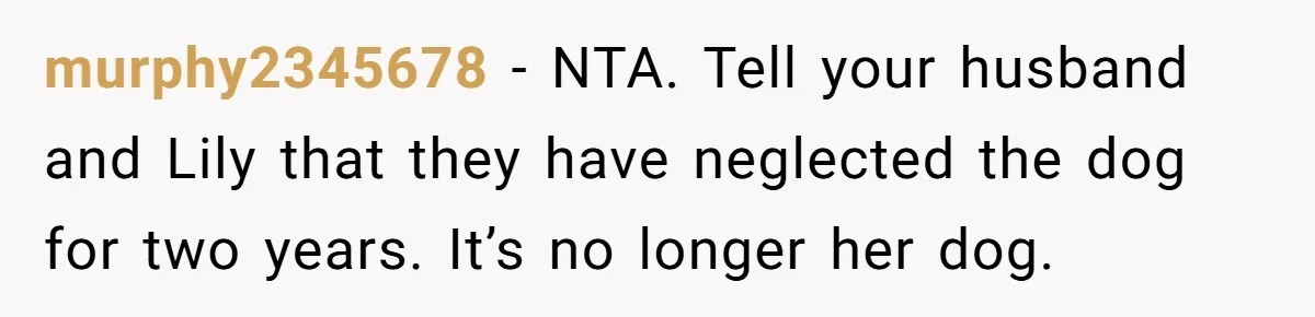 murphy2345678 − NTA. Tell your husband and Lily that they have neglected the dog for two years. It’s no longer her dog.