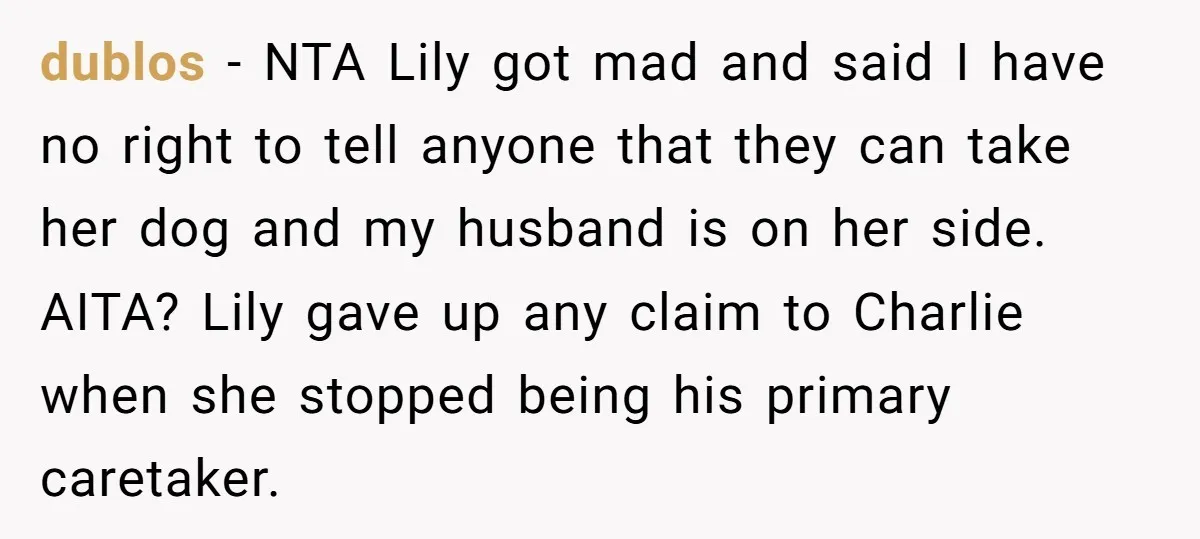 dublos − NTA Lily got mad and said I have no right to tell anyone that they can take her dog and my husband is on her side. AITA? Lily...