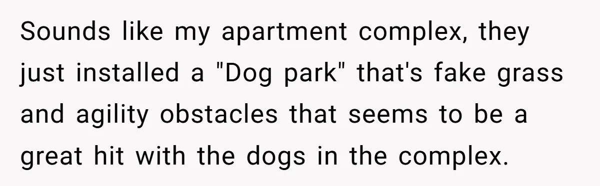 Sounds like my apartment complex, they just installed a "Dog park" that's fake grass and agility obstacles that seems to be a great hit with the dogs in the complex.