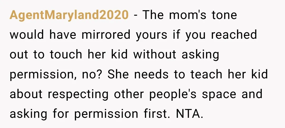 AgentMaryland2020 − The mom's tone would have mirrored yours if you reached out to touch her kid without asking permission, no? She needs to teach her kid about respecting other...